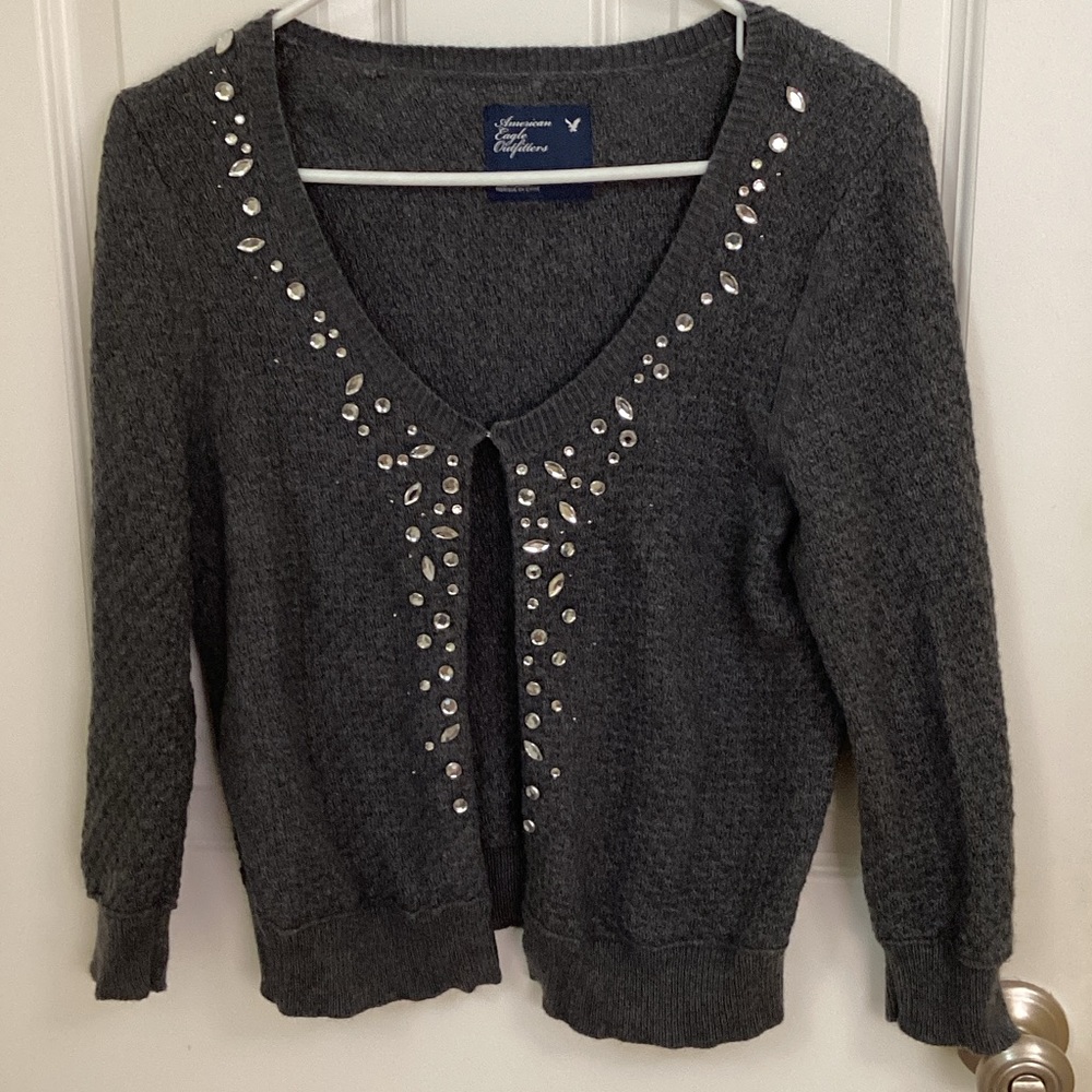 American Eagle Outfitters Dark Gray Embellished V‑Neck Cardigan